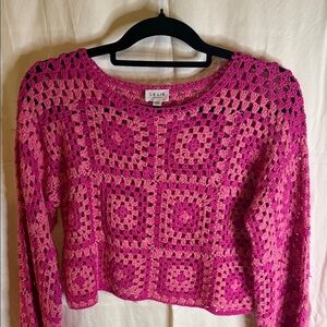 Le Lis Crochet Open-Weave Sweater in Bright Pink